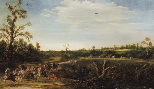 An open landscape with brigands attacking travelers