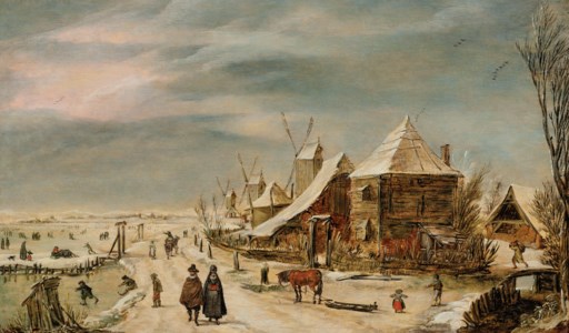 A winter landscape with a farmhouse, windmills and figures