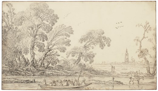 A landscape with a horse-drawn ferry, the city of The Hague with the Grote Kerk beyond