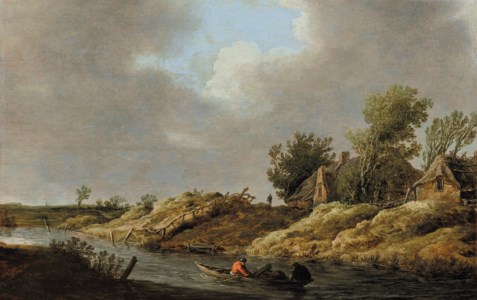 A river landscape with rowers in the foreground