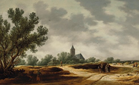 A dune landscape with two riders and other travelers on a country road