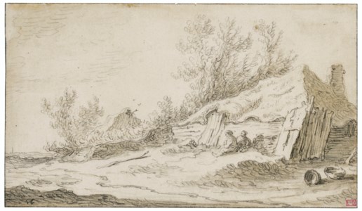A landscape with two men resting before a farmhouse