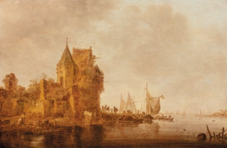 A river landscape with a walled town