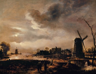 A moonlit landscape with a windmill and figures by a lake