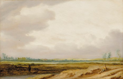 A panoramic landscape with a hunter at rest