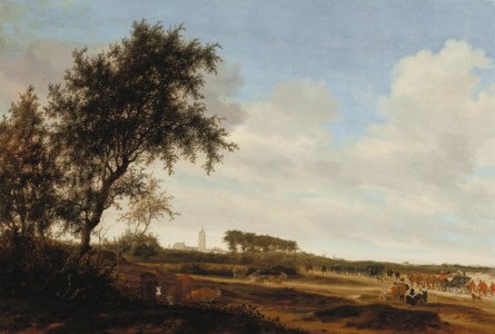 An extensive landscape with the state carriages of Prince Willem II and Amalia von Solms and the Grote Kerk in The Hague in the distance