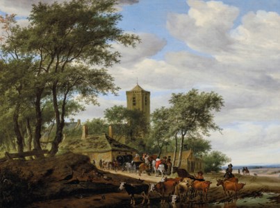 A village landscape with travelers resting near a stream
