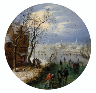 A winter landscape with skaters before a village