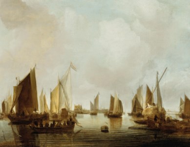 A yacht and other vessels in a calm in Dordrecht harbor