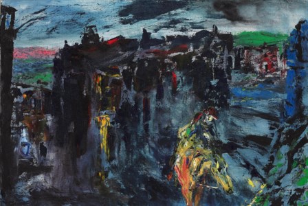 A horseman enters a town at night