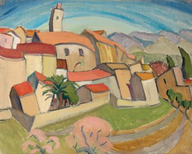 Pink-roofed town, France
