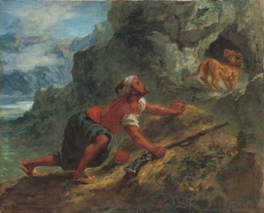 Arab stalking a lion