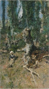A young girl in a wooded landscape