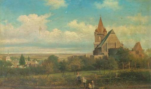 Ansicht von Perchtoldsdorf von der Leonshardtsberg: view of an Austrian town