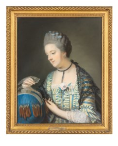 Portrait of Lady Louisa Conolly, née Lennox (1743-1821), half-length, in a yellow and blue striped dress with a black lace shawl, holding lace and a bobbin