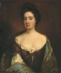 Portrait of Lady Sarah Benson, half-length, in a maroon dress with a blue shawl and pearl drop earings