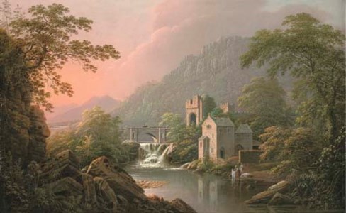 A river landscape, probably the banks of the River Swale, North Yorkshire, with a castle by a weir and washerwomen by a boat house