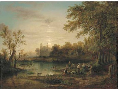 Boys bathing by moonlight with Eton College beyond