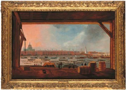 View of Horatio Nelson's funeral procession on the River Thames, from a storehouse on the River, passing under London Bridge and before St. Paul's Cathedral
