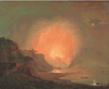 View of Mount Vesuvius erupting by Moonlight from the shore of Posilipo with a fishing boat in the foreground