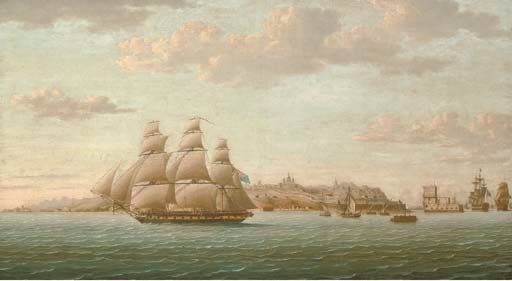 Captain Lord Cochrane's frigate Pallas leaving the Tagus under full sail, the city of Lisbon beyond and the Belem Tower receding astern