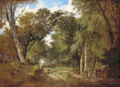 A wooded landscape with figures resting on a track