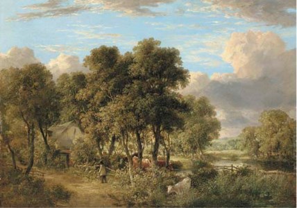 On the Yare: a wooded river landscape with cattle, a figure and a cottage