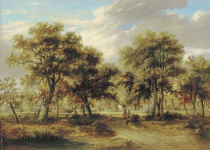 View of Richmond Park with figures on a path and cattle beyond