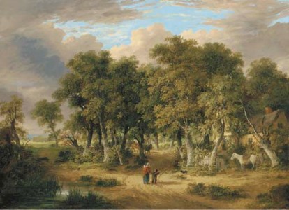 A wooded landscape with figures on a track, a cottage beyond