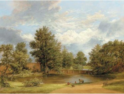 Parkland landscape with a gardener by a pond