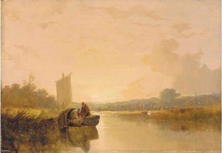 Evening on the river Yare at Whitlingham, with figures in a boat in the foreground, Norwich Castle and Cathedral beyond
