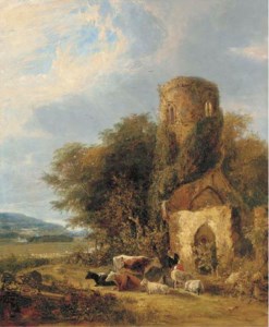 Figures and livestock by the ruins of St. Andrew's at Whitlingham