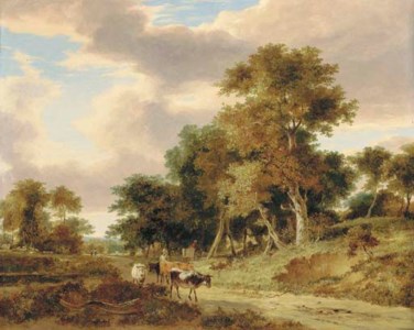 View in the Valley of the Yare, with a drover and cattle on a track