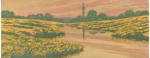 A river landscape at sunset
