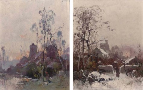 Coucher de soleil à l'église; and Eglise sous la neige