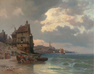 Dragging a fishing boat ashore by a French port