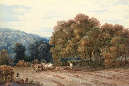 A horsedrawn plough in an extensive landscape