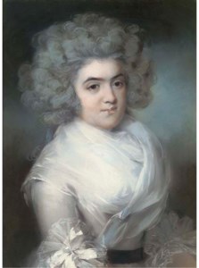 Portrait of Mrs Peltro William Tomkins (née Lucy Jones) half-length, in white dress trimmed with ribbons