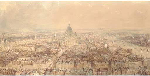 View of London from the steeple of St Bride's Church, Fleet Street looking towards St Paul's Cathedral
