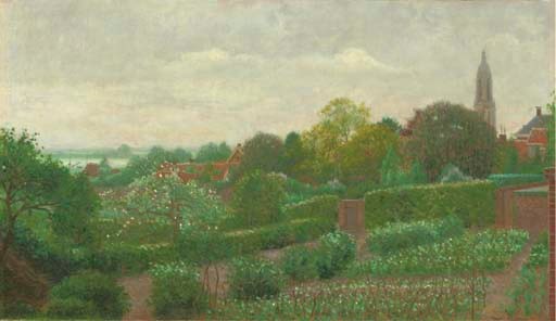 View of a garden with the church spire of Rhenen in the background