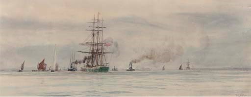 A three-master under tow in the Thames Estuary