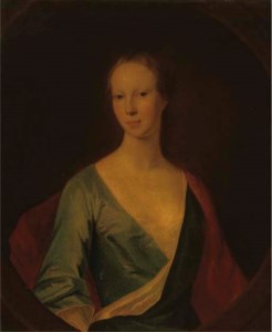 Portrait of a lady, traditionally identified as Lady Tinwald, half-length, in a blue dress and red wrap, feigned oval