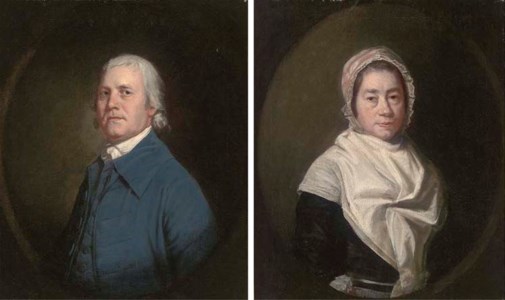 Portrait of Mr Highmore Skeats Snr. (1760-1831), former organist at Canterbury Cathedral, half-length, in a blue coat, feigned oval and Portrait of Mrs Skeats, half-length, in a black dress with a white shawl and bonnet, feigned oval