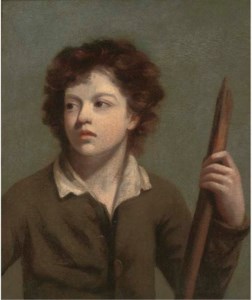 Portrait of a boy, bust-length, in a brown coat, holding a staff
