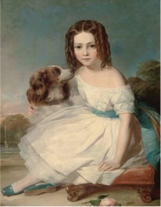 Portrait of a girl, seated full-length, in a white dress, stroking a spaniel, a fountain beyond