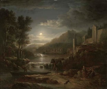 Fishermen along a river by moonlight