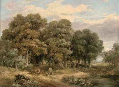 A drover and his flock in a wooded landscape