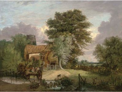 A wooded landscape with figures in a cart crossing a ford, a cottage and ruined tower beyond