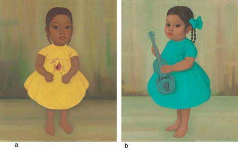 a. Niña en amarillo signed 'gustavo montoya' (lower right) oil on canvas 21¾ x 18 in. (55 x 45.5 cm.) Painted in 1963. b. Niña en verde con guitarra signed 'gustavo montoya' (lower right) oil on canvas 21¾ x 18 in. (55 x 45.5 cm.) Painted in 1959. Two in one lot. (2)