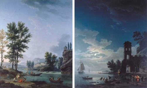 Morning: An extensive Italianate landscape with fishermen unloading their catch, a classical palace beyond; and Evening: A Mediterranean coastal inlet with fishermen by the shore, a fortified gate beyond
